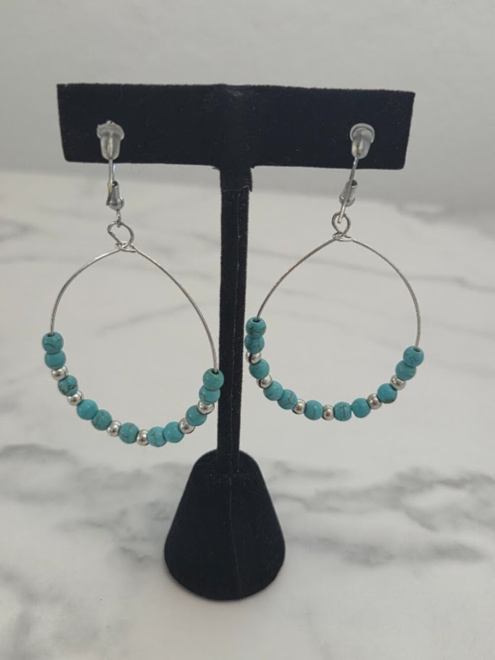 Casual Paparazzi Silver Tone Hoop Earrings with Turquoise Style Beads - Picture 10 of 10